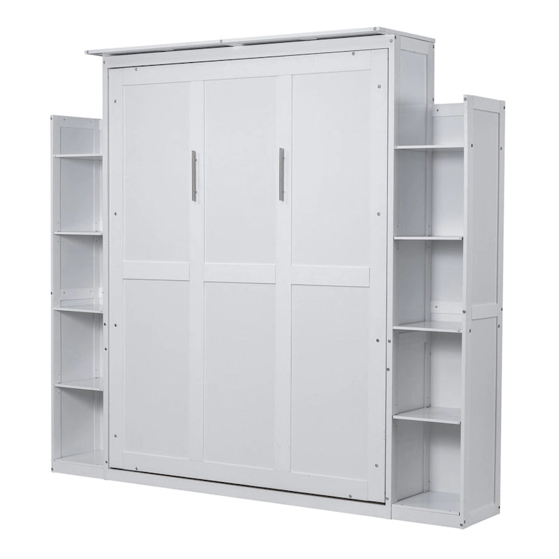 Queen Size Murphy Wall Bed with Shelves & LED Lights – White / Grey, Plywood & MDF, Single