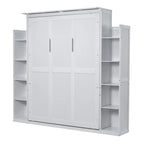 Queen Size Murphy Wall Bed with Shelves & LED Lights – White / Grey, Plywood & MDF, Single