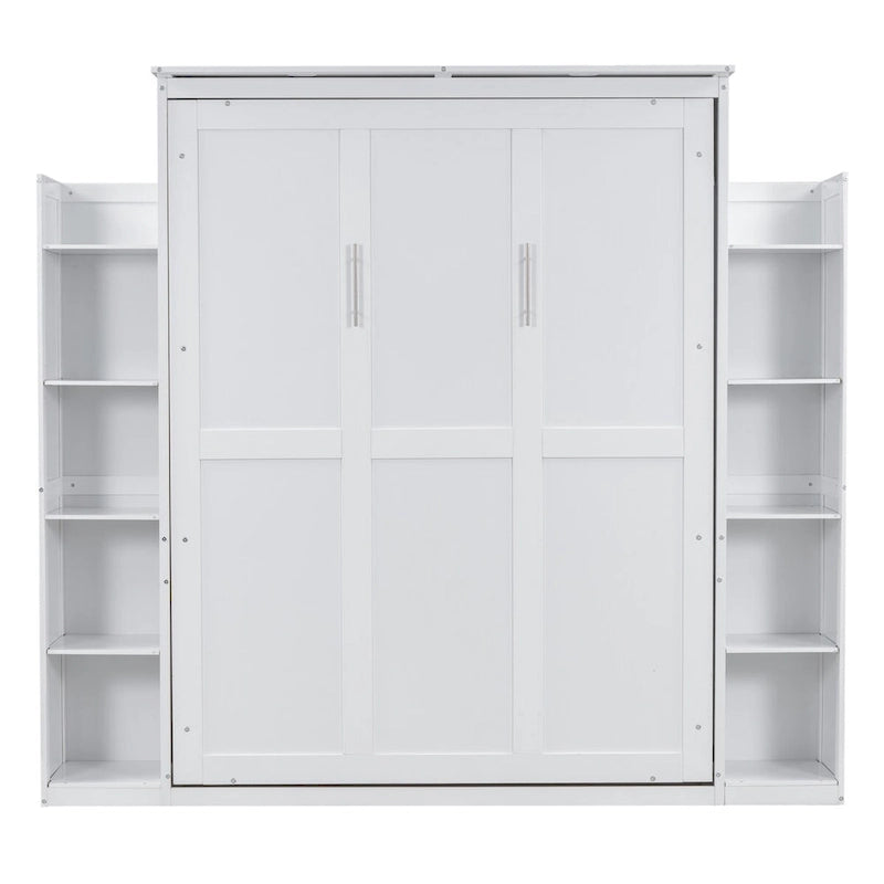 Queen Size Murphy Wall Bed with Shelves & LED Lights – White / Grey, Plywood & MDF, Single