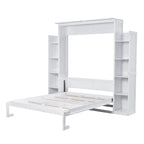 Queen Size Murphy Wall Bed with Shelves & LED Lights – White / Grey, Plywood & MDF, Single