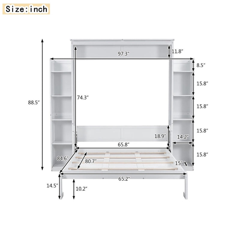 Queen Size Murphy Wall Bed with Shelves & LED Lights – White / Grey, Plywood & MDF, Single