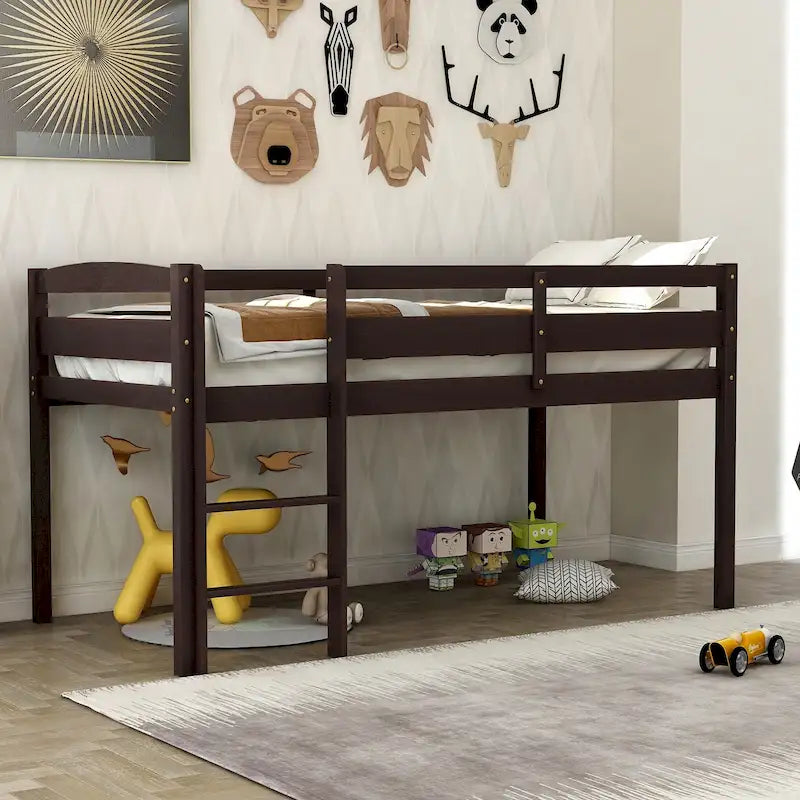 Twin Low Loft Bed with Ladder & Guardrails – Walnut / White / Espresso, Pine & MDF, Single