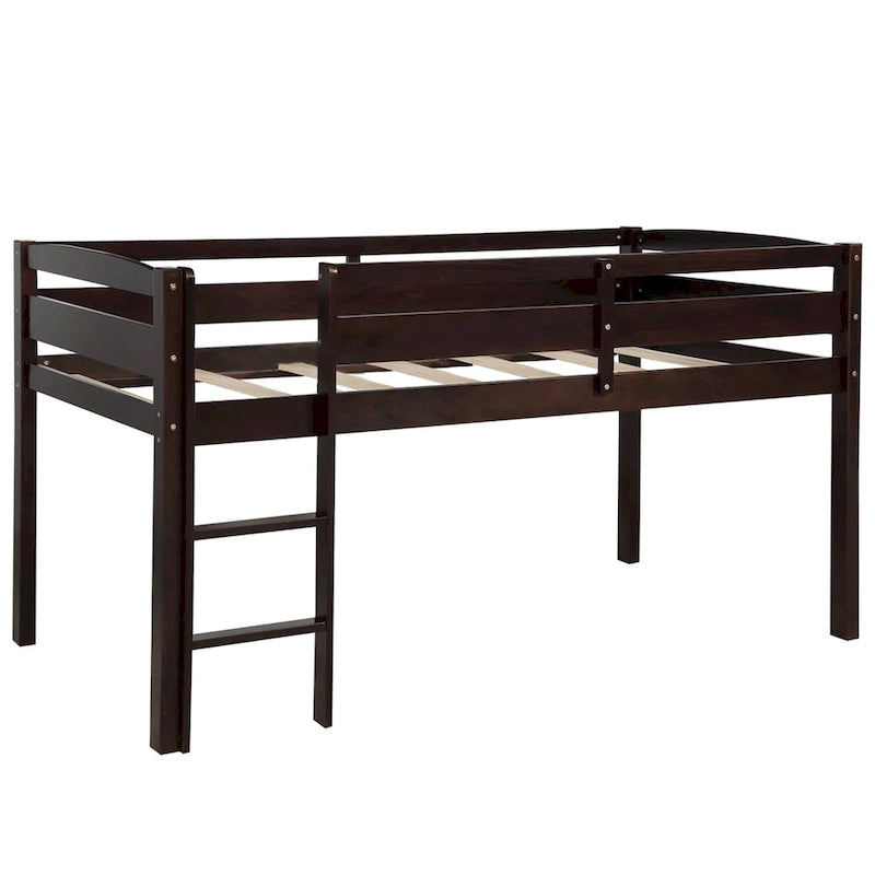 Twin Low Loft Bed with Ladder & Guardrails – Walnut / White / Espresso, Pine & MDF, Single