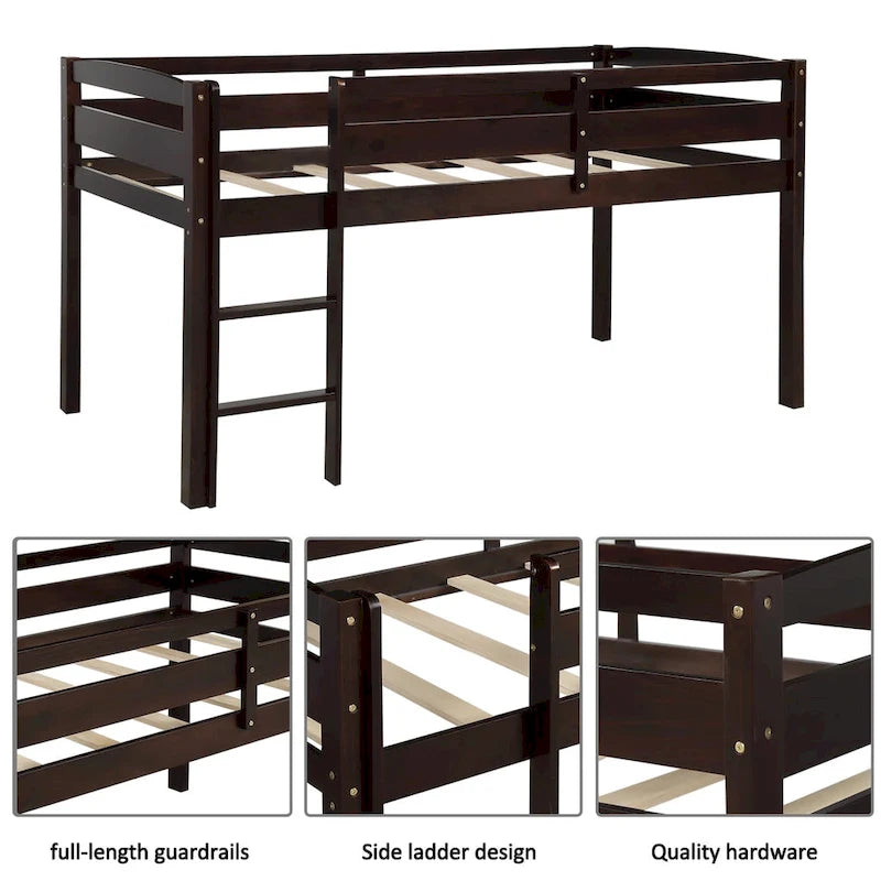 Twin Low Loft Bed with Ladder & Guardrails – Walnut / White / Espresso, Pine & MDF, Single