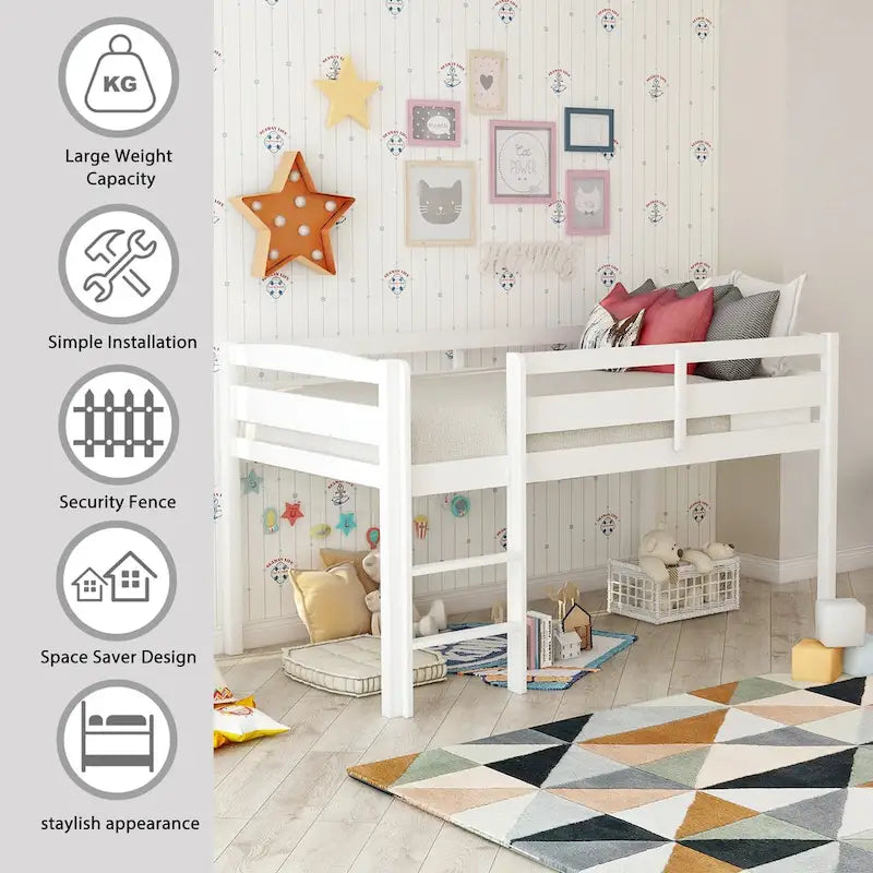Twin Low Loft Bed with Ladder & Guardrails – Walnut / White / Espresso, Pine & MDF, Single