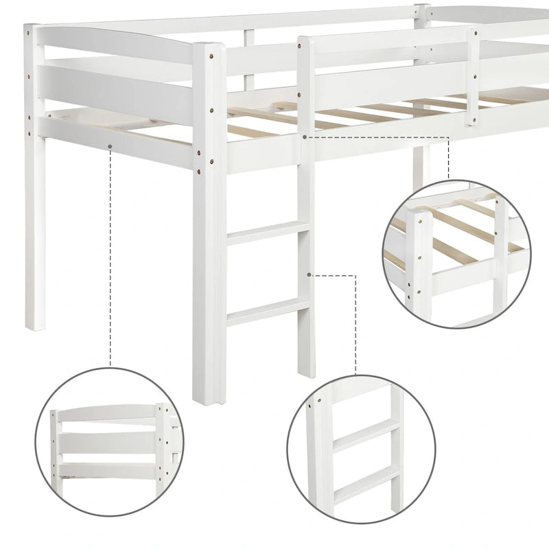 Twin Low Loft Bed with Ladder & Guardrails – Walnut / White / Espresso, Pine & MDF, Single