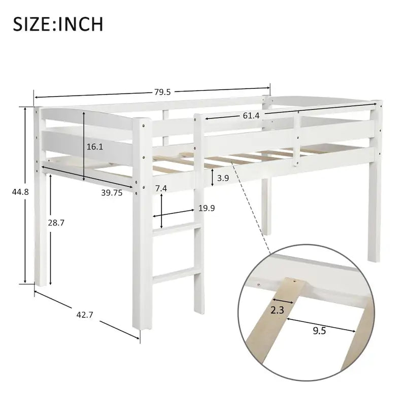 Twin Low Loft Bed with Ladder & Guardrails – Walnut / White / Espresso, Pine & MDF, Single