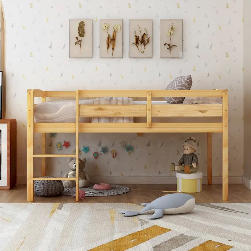 Twin Low Loft Bed with Ladder & Guardrails – Walnut / White / Espresso, Pine & MDF, Single