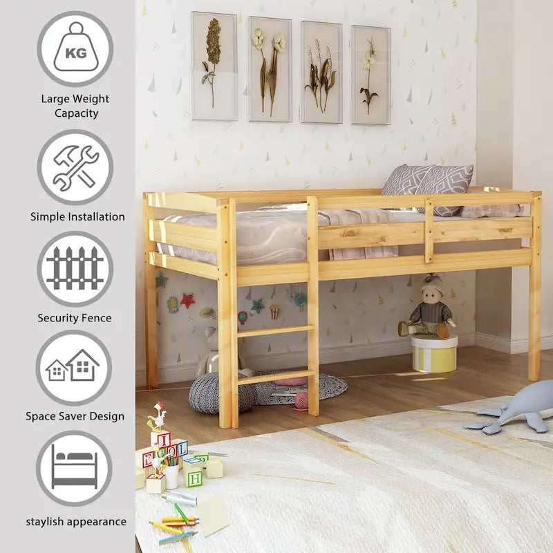 Twin Low Loft Bed with Ladder & Guardrails – Walnut / White / Espresso, Pine & MDF, Single
