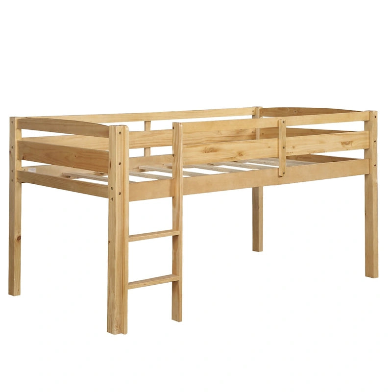 Twin Low Loft Bed with Ladder & Guardrails – Walnut / White / Espresso, Pine & MDF, Single