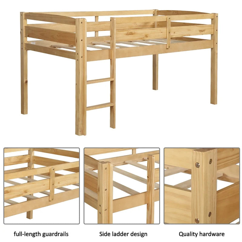 Twin Low Loft Bed with Ladder & Guardrails – Walnut / White / Espresso, Pine & MDF, Single