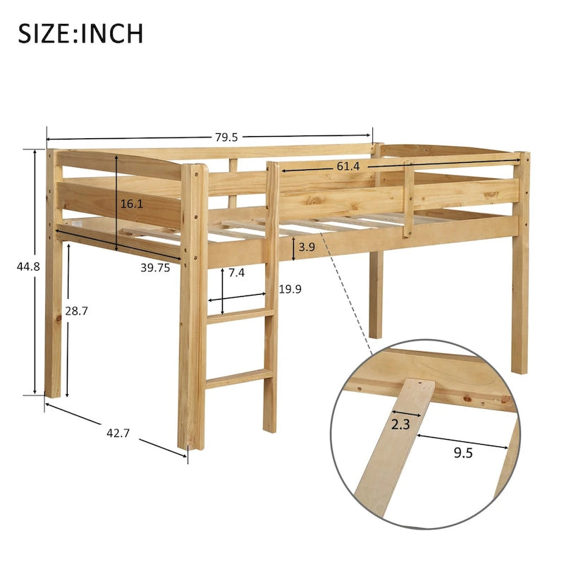 Twin Low Loft Bed with Ladder & Guardrails – Walnut / White / Espresso, Pine & MDF, Single