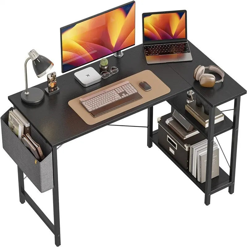 L-Shaped Corner Computer Desk with Storage Shelves – Black / Deep Brown / White, Metal Frame & MDF, Single