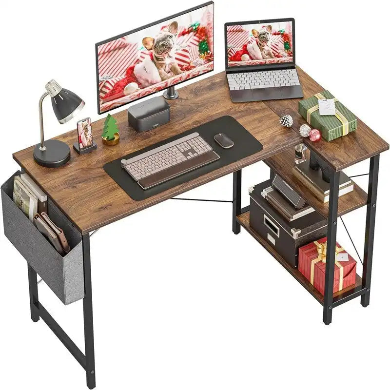 L-Shaped Corner Computer Desk with Storage Shelves – Black / Deep Brown / White, Metal Frame & MDF, Single