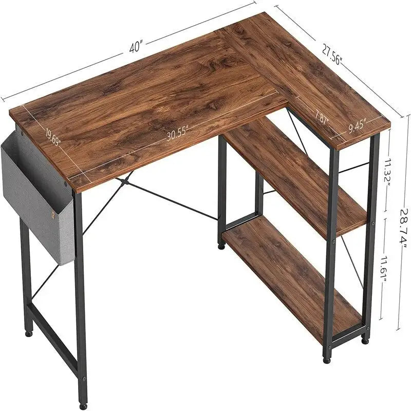 L-Shaped Corner Computer Desk with Storage Shelves – Black / Deep Brown / White, Metal Frame & MDF, Single