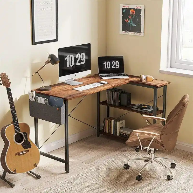 L-Shaped Corner Computer Desk with Storage Shelves – Black / Deep Brown / White, Metal Frame & MDF, Single