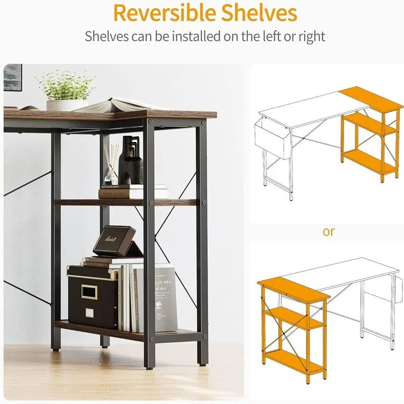 L-Shaped Corner Computer Desk with Storage Shelves – Black / Deep Brown / White, Metal Frame & MDF, Single