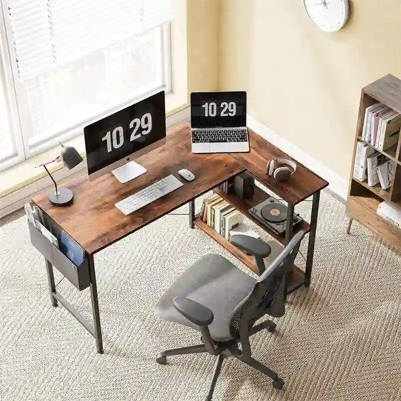 L-Shaped Corner Computer Desk with Storage Shelves – Black / Deep Brown / White, Metal Frame & MDF, Single