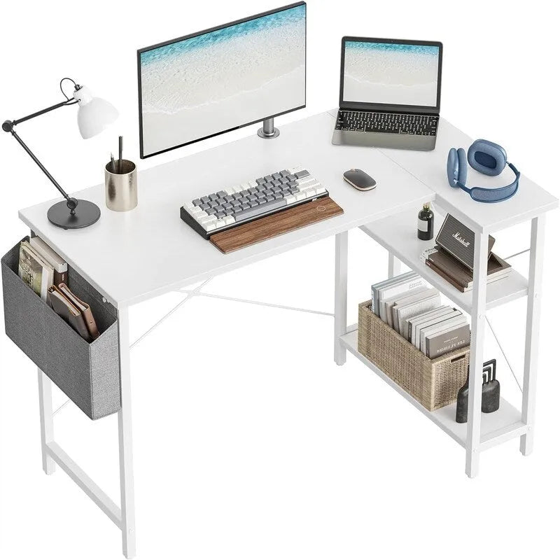 L-Shaped Corner Computer Desk with Storage Shelves – Black / Deep Brown / White, Metal Frame & MDF, Single