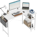 L-Shaped Corner Computer Desk with Storage Shelves – Black / Deep Brown / White, Metal Frame & MDF, Single
