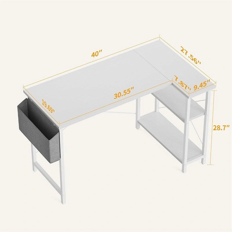 L-Shaped Corner Computer Desk with Storage Shelves – Black / Deep Brown / White, Metal Frame & MDF, Single