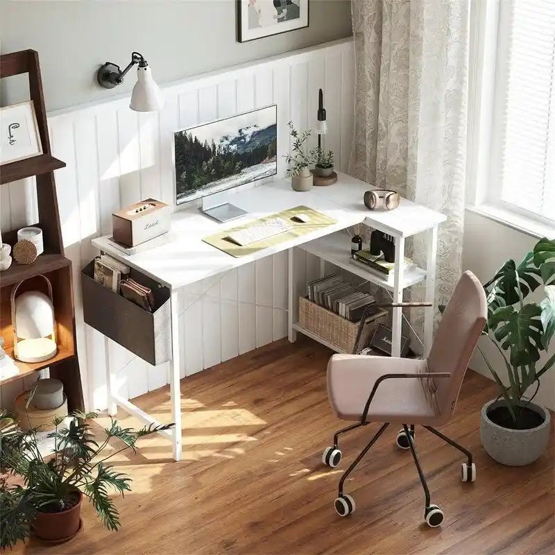 L-Shaped Corner Computer Desk with Storage Shelves – Black / Deep Brown / White, Metal Frame & MDF, Single