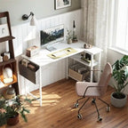 L-Shaped Corner Computer Desk with Storage Shelves – Black / Deep Brown / White, Metal Frame & MDF, Single