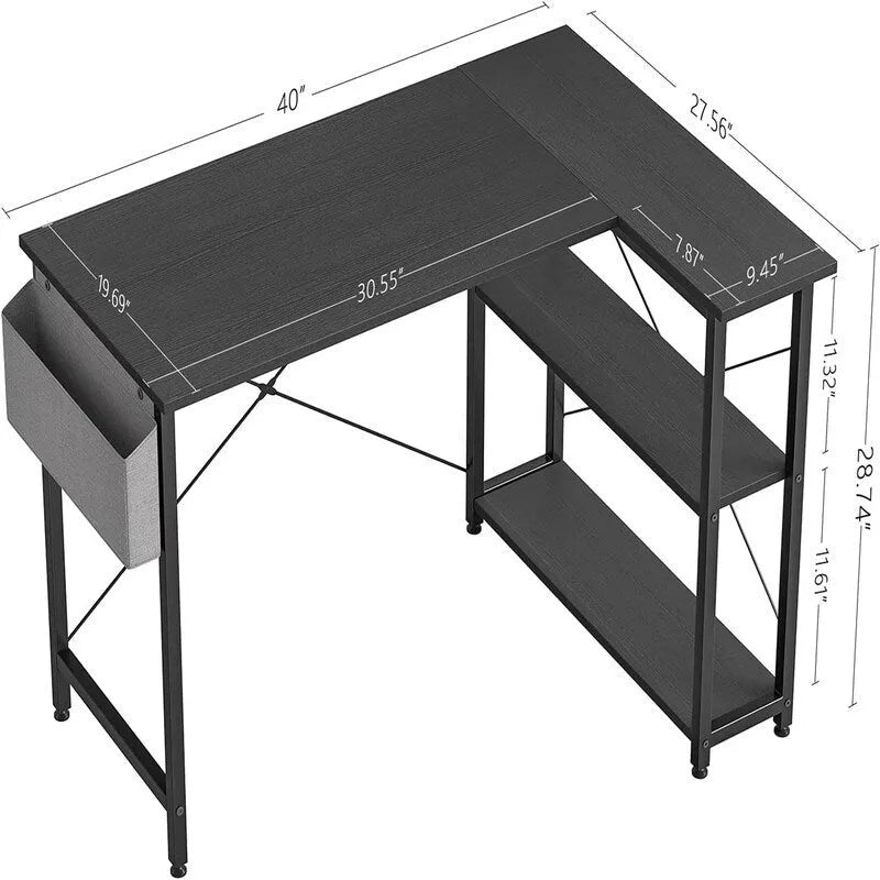 L-Shaped Corner Computer Desk with Storage Shelves – Black / Deep Brown / White, Metal Frame & MDF, Single