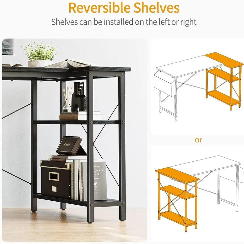 L-Shaped Corner Computer Desk with Storage Shelves – Black / Deep Brown / White, Metal Frame & MDF, Single
