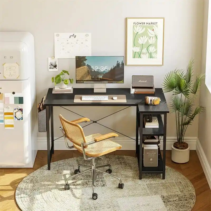 L-Shaped Corner Computer Desk with Storage Shelves – Black / Deep Brown / White, Metal Frame & MDF, Single