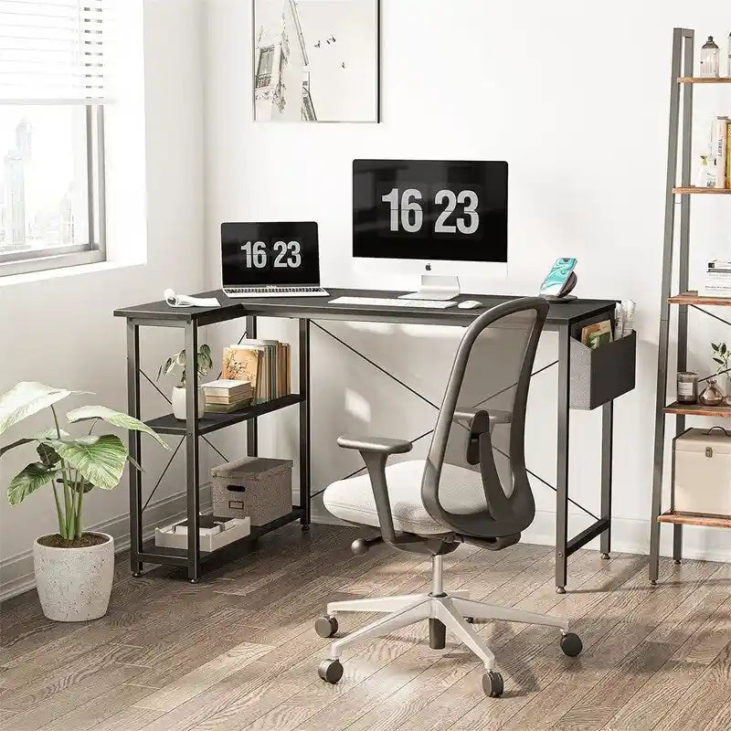 L-Shaped Corner Computer Desk with Storage Shelves – Black / Deep Brown / White, Metal Frame & MDF, Single