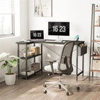 L-Shaped Corner Computer Desk with Storage Shelves – Black / Deep Brown / White, Metal Frame & MDF, Single