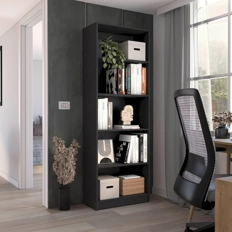 4-Shelf Bookcase with Lower Storage Shelf – Black, Manufactured Wood, Modern Style, Single