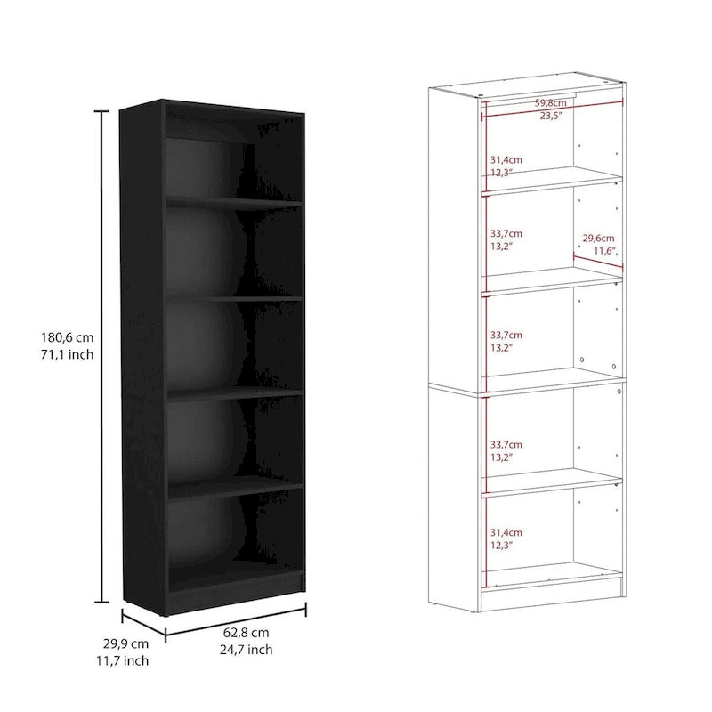 4-Shelf Bookcase with Lower Storage Shelf – Black, Manufactured Wood, Modern Style, Single
