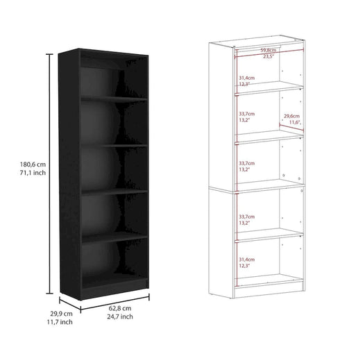 4-Shelf Bookcase with Lower Storage Shelf – Black, Manufactured Wood, Modern Style, Single