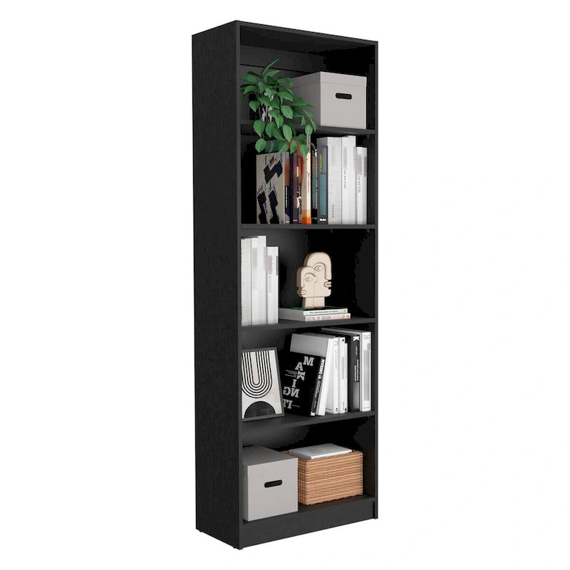 4-Shelf Bookcase with Lower Storage Shelf – Black, Manufactured Wood, Modern Style, Single